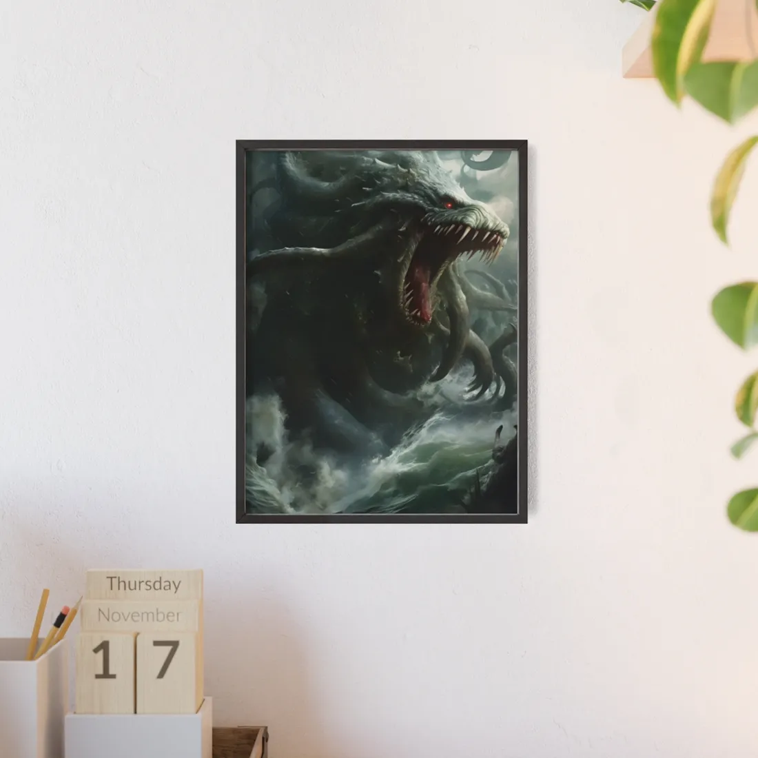 Mythic Ocean Terror: Ancient Sea Monster with Six Tentacles - Framed Poster