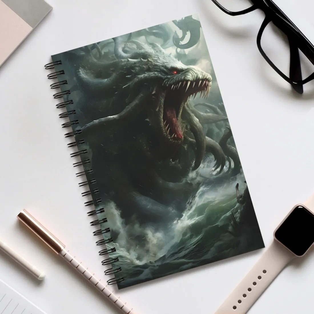 Mythic Ocean Terror: Ancient Sea Monster with Six Tentacles - Spiral Notebook