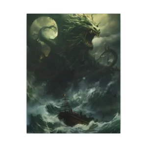 Green Sea Monster Attacking Pirate Ship Canvas Print