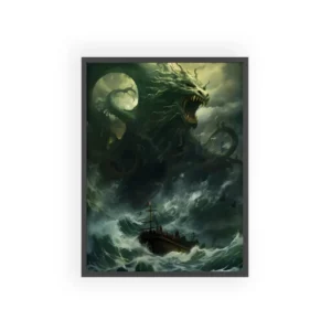 Green Sea Monster Attacking Pirate Ship Framed Poster