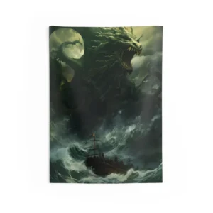 Green Sea Monster Attacking Pirate Ship Wall Tapestry