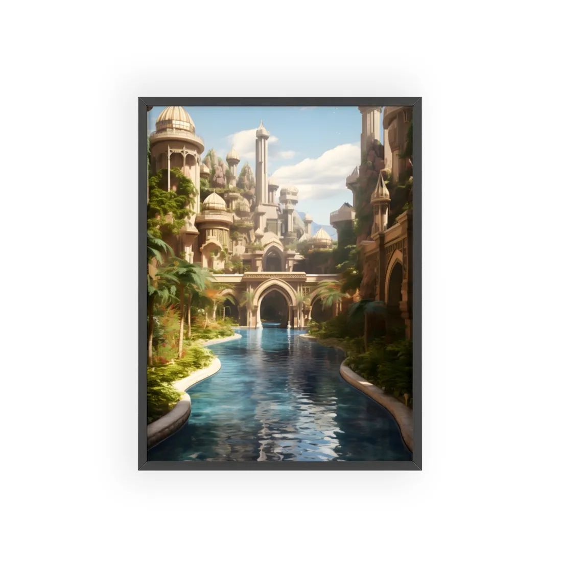 Mythical Oasis: Tranquil Desert Landscape - Framed Poster