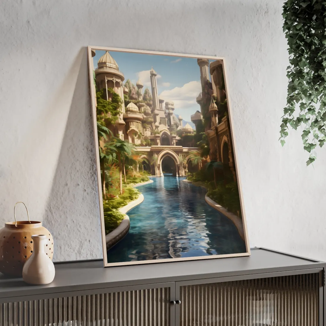 Mythical Oasis: Tranquil Desert Landscape - Framed Poster