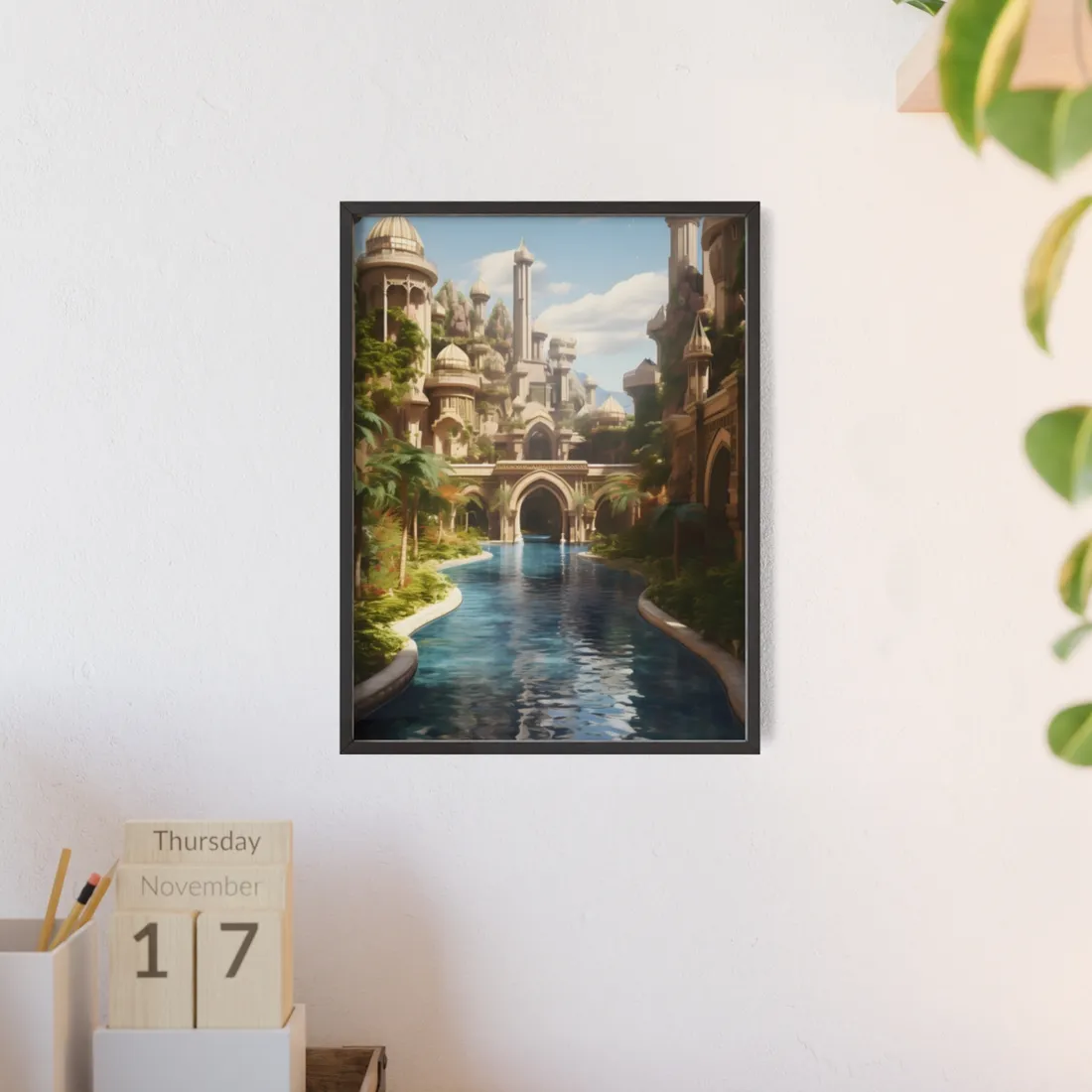 Mythical Oasis: Tranquil Desert Landscape - Framed Poster