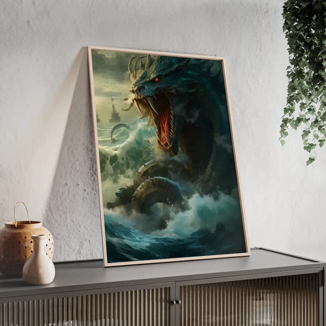 Mythical Sea Monster: Calming Green Scaled Creature Art - Framed Poster