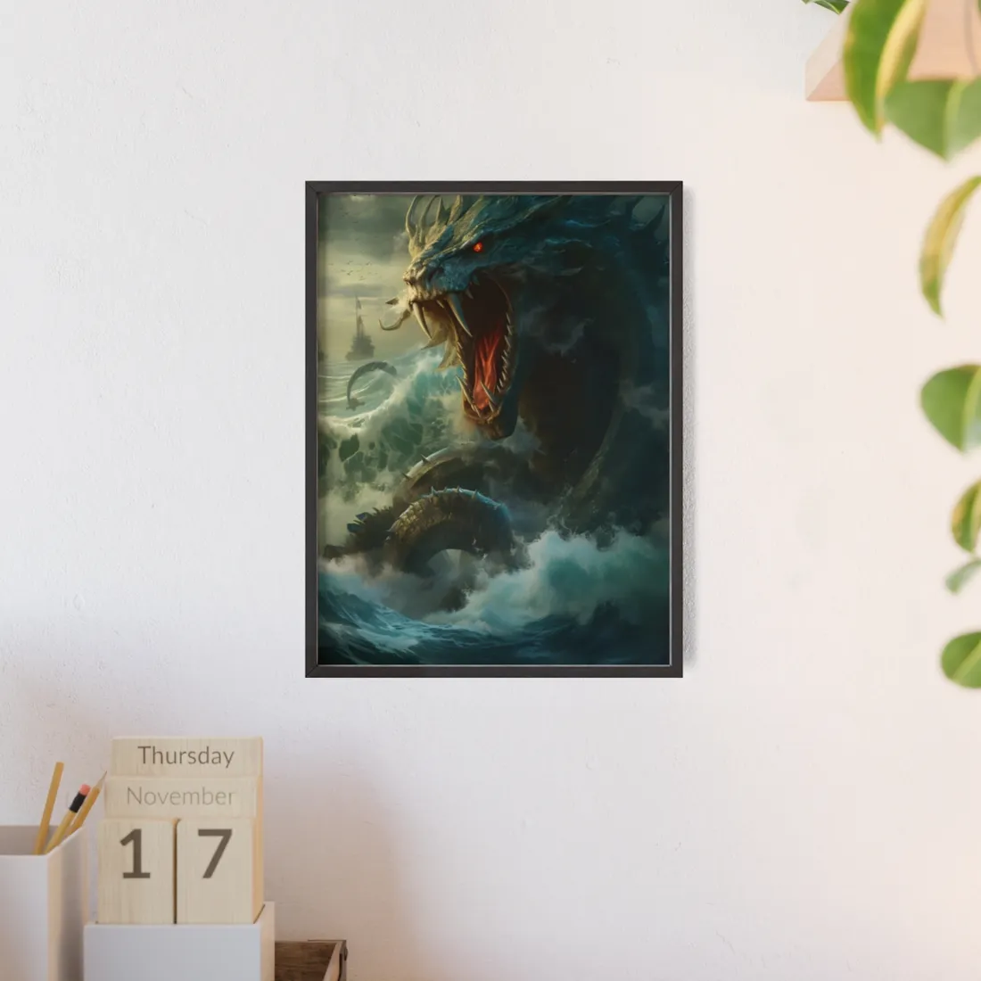 Mythical Sea Monster: Calming Green Scaled Creature Art - Framed Poster