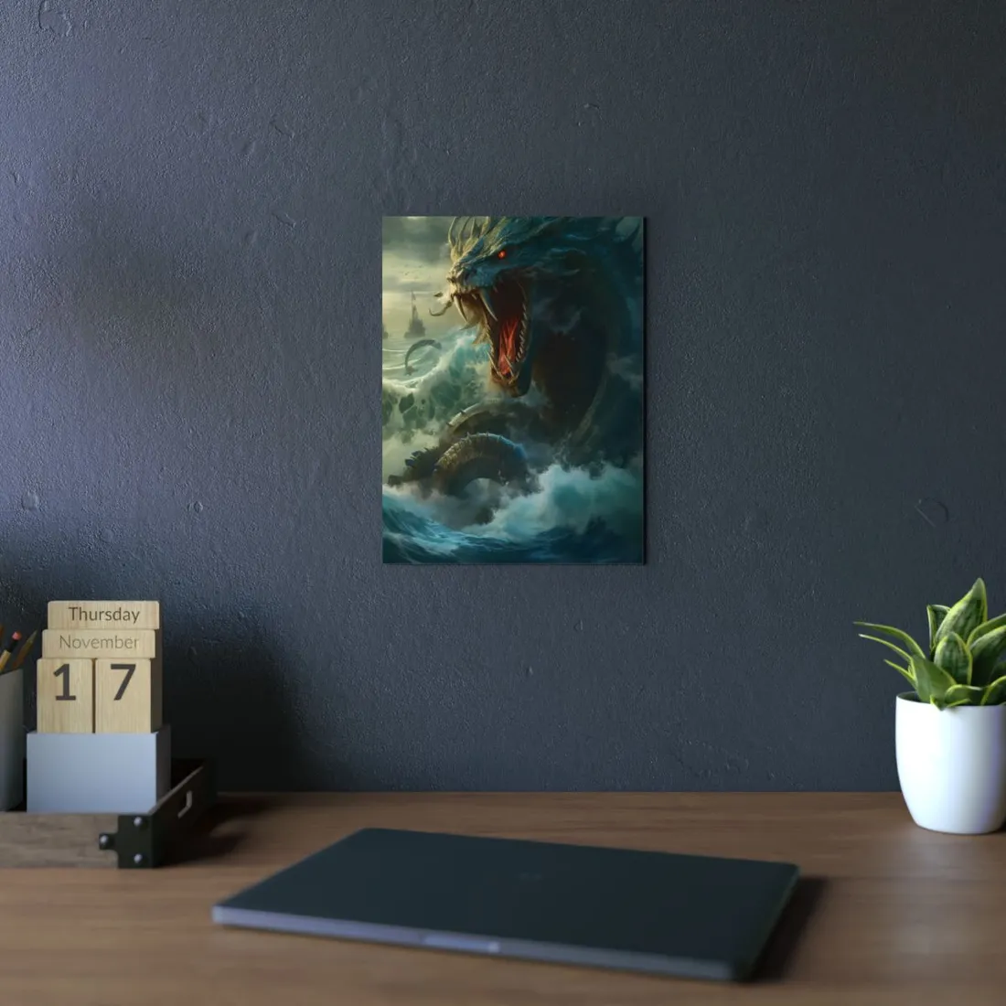 Mythical Sea Monster: Calming Green Scaled Creature Art - Metal Poster