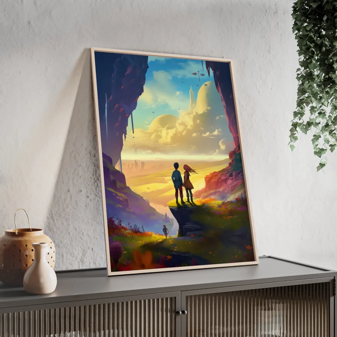 Nature's Friends: Girl and Boy on Meadow Hill - Framed Poster