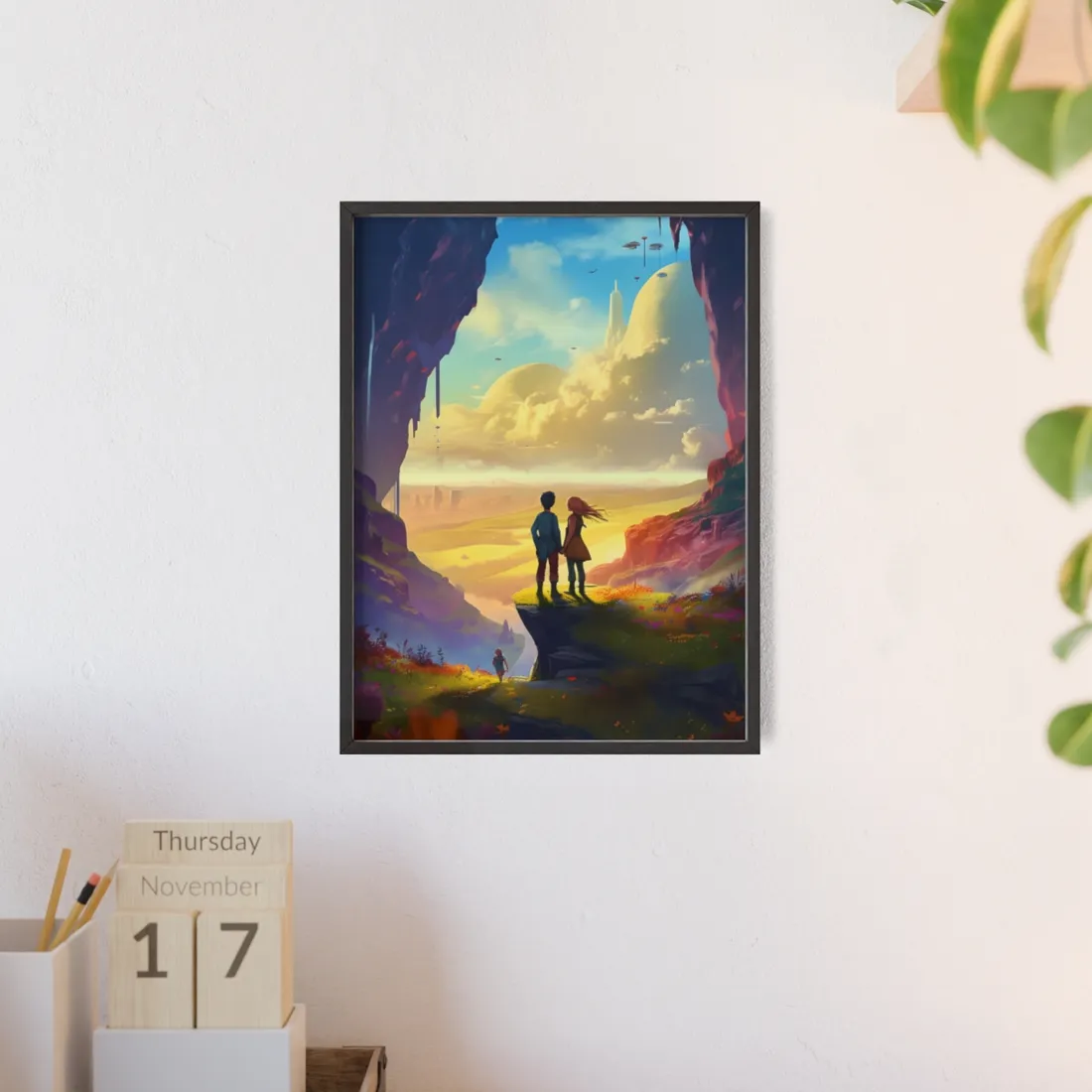 Nature's Friends: Girl and Boy on Meadow Hill - Framed Poster