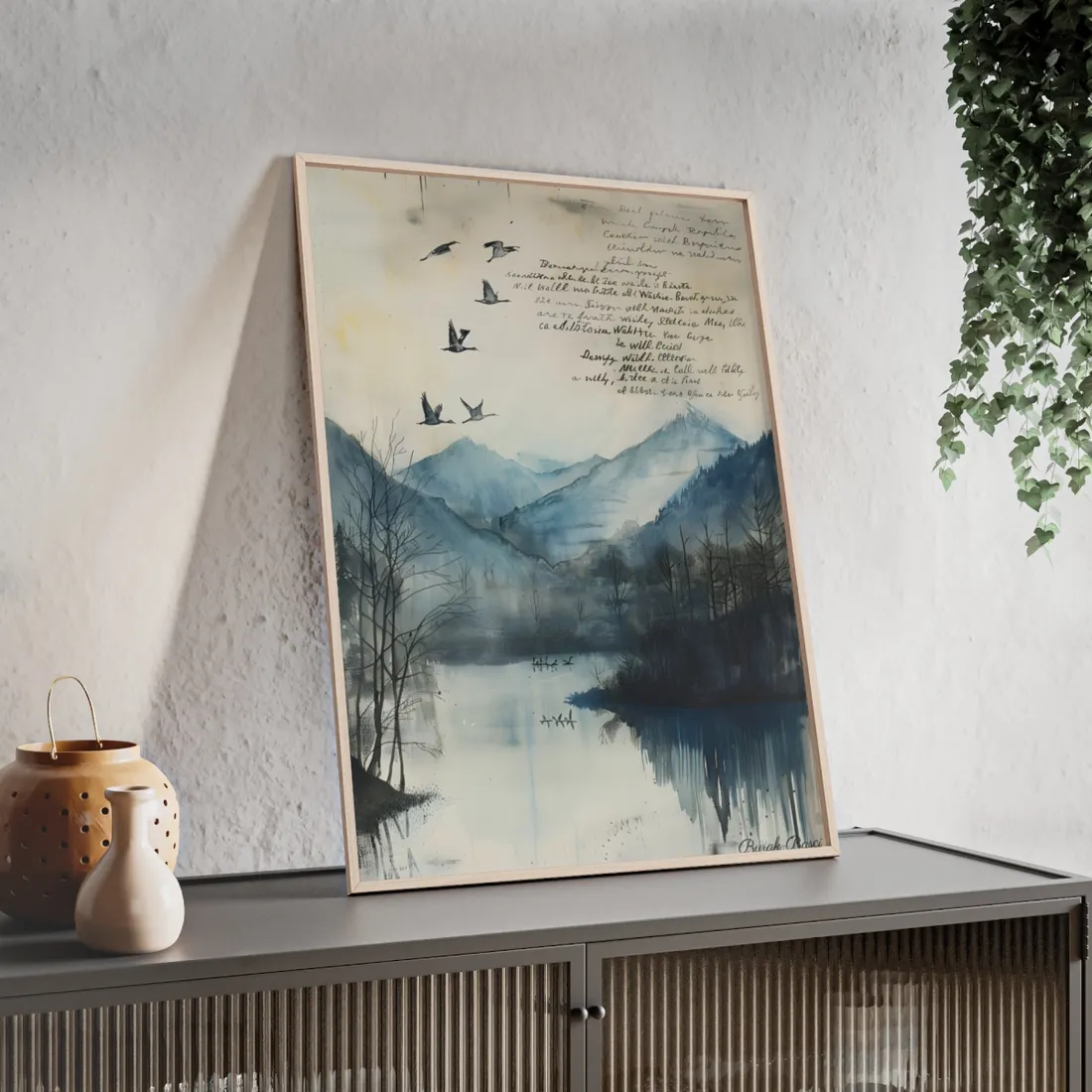 Nature's Serenity: Mountain Lake Birds in Flight - Framed Poster