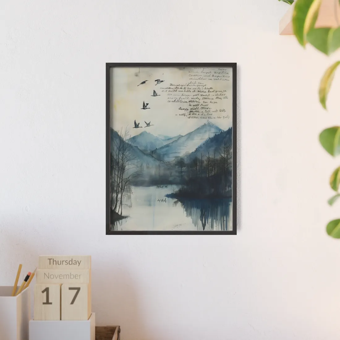 Nature's Serenity: Mountain Lake Birds in Flight - Framed Poster
