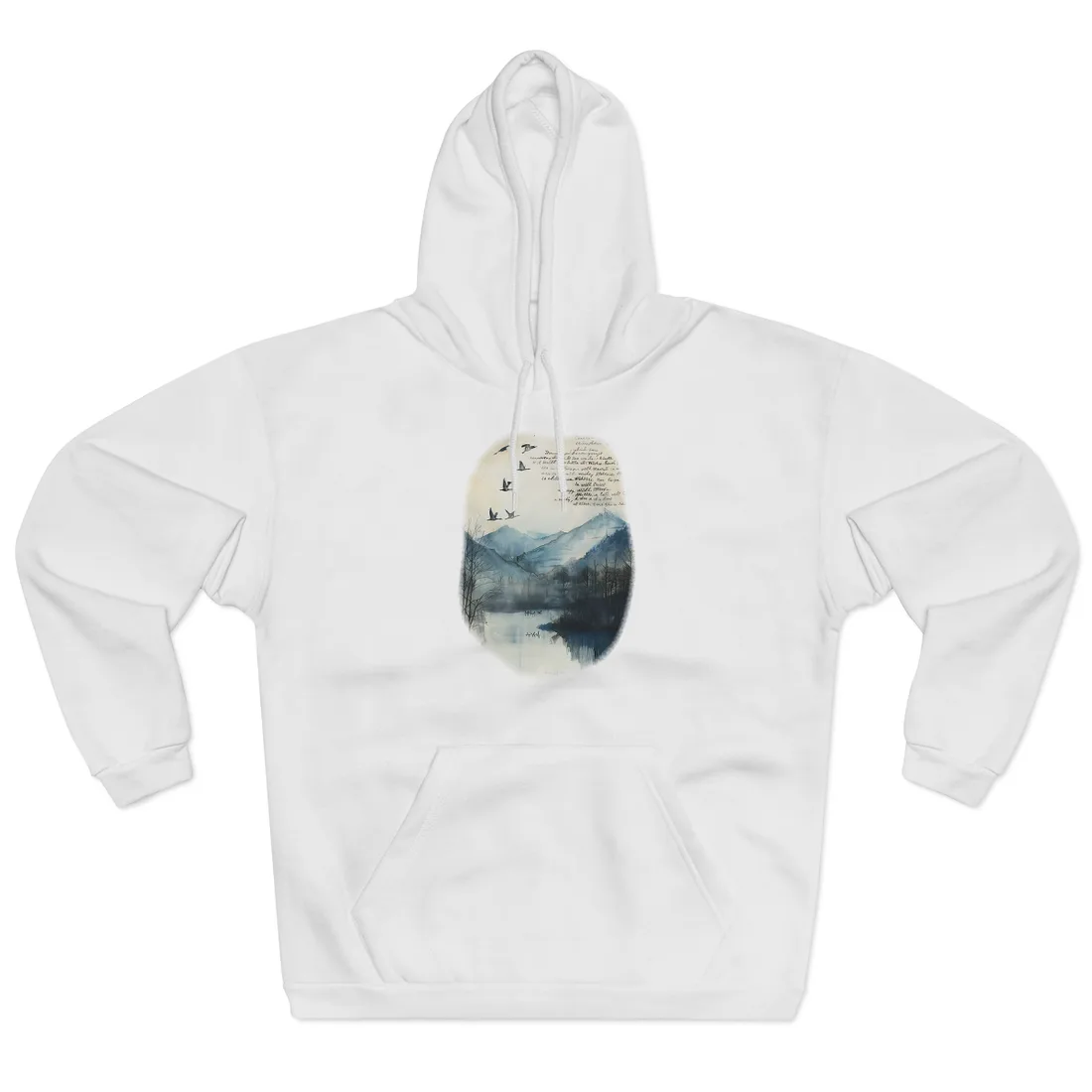Nature's Serenity: Mountain Lake Birds in Flight - Hoodie (White)