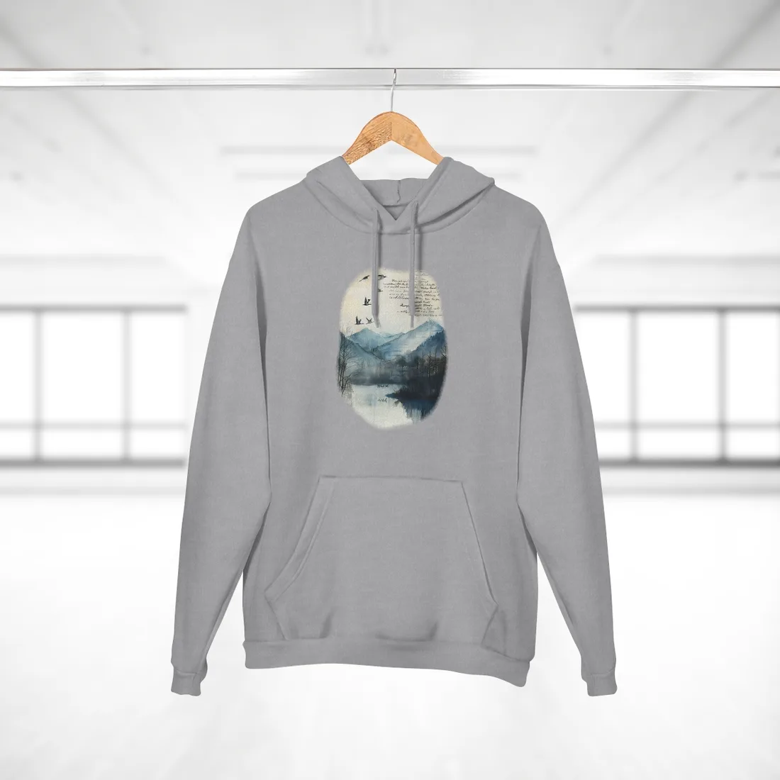 Nature's Serenity: Mountain Lake Birds in Flight - Hoodie (Heather Grey)