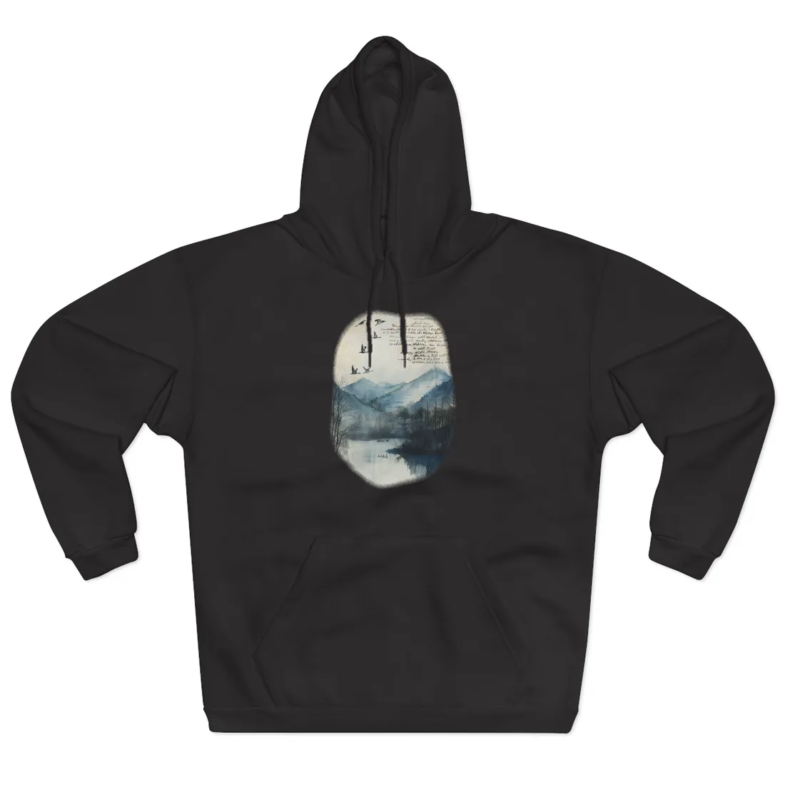 Nature's Serenity: Mountain Lake Birds in Flight - Hoodie (Black)