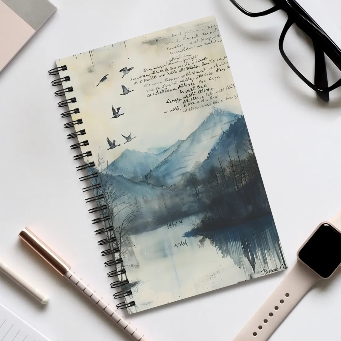 Nature's Serenity: Mountain Lake Birds in Flight - Spiral Notebook