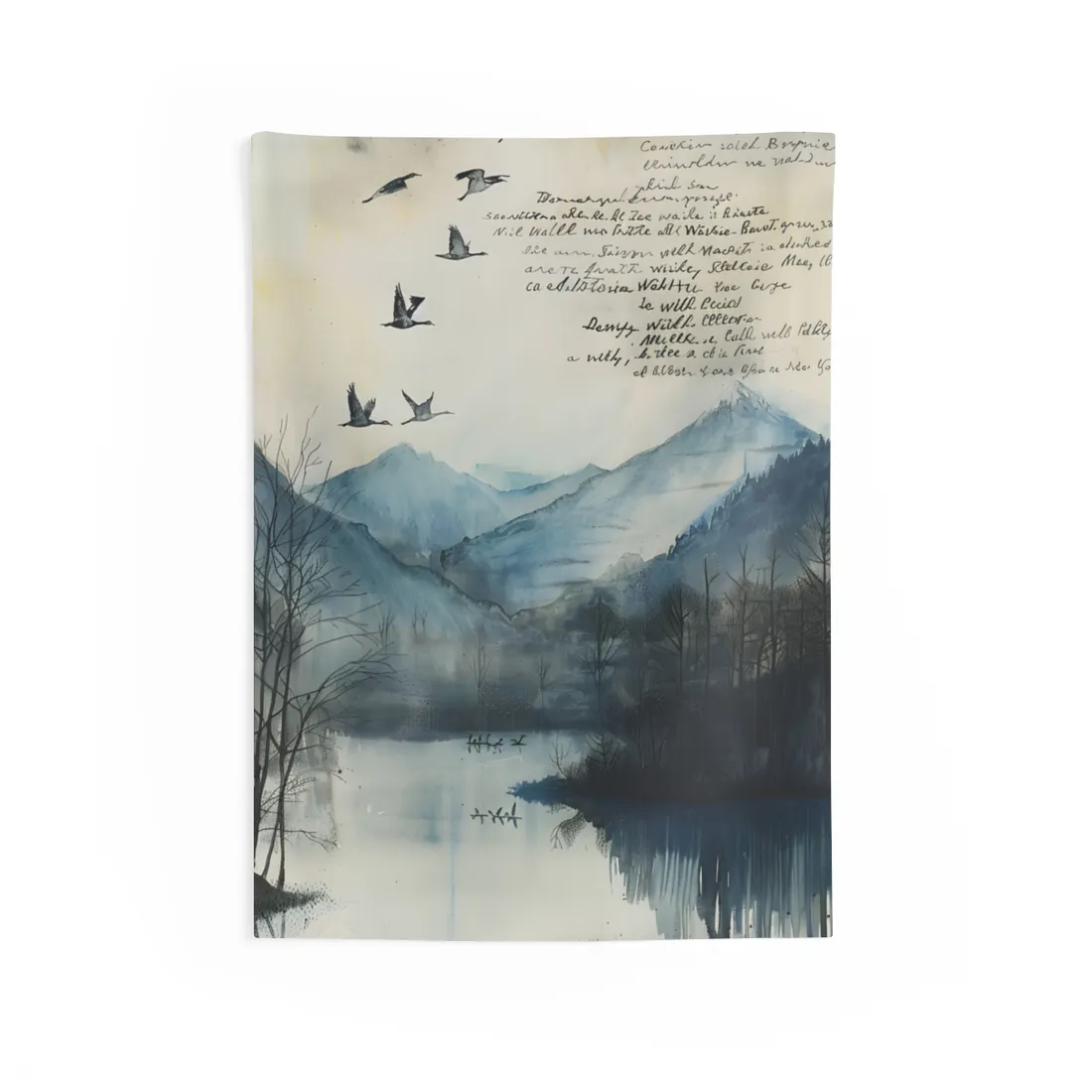 Nature's Serenity: Mountain Lake Birds in Flight - Wall Tapestry