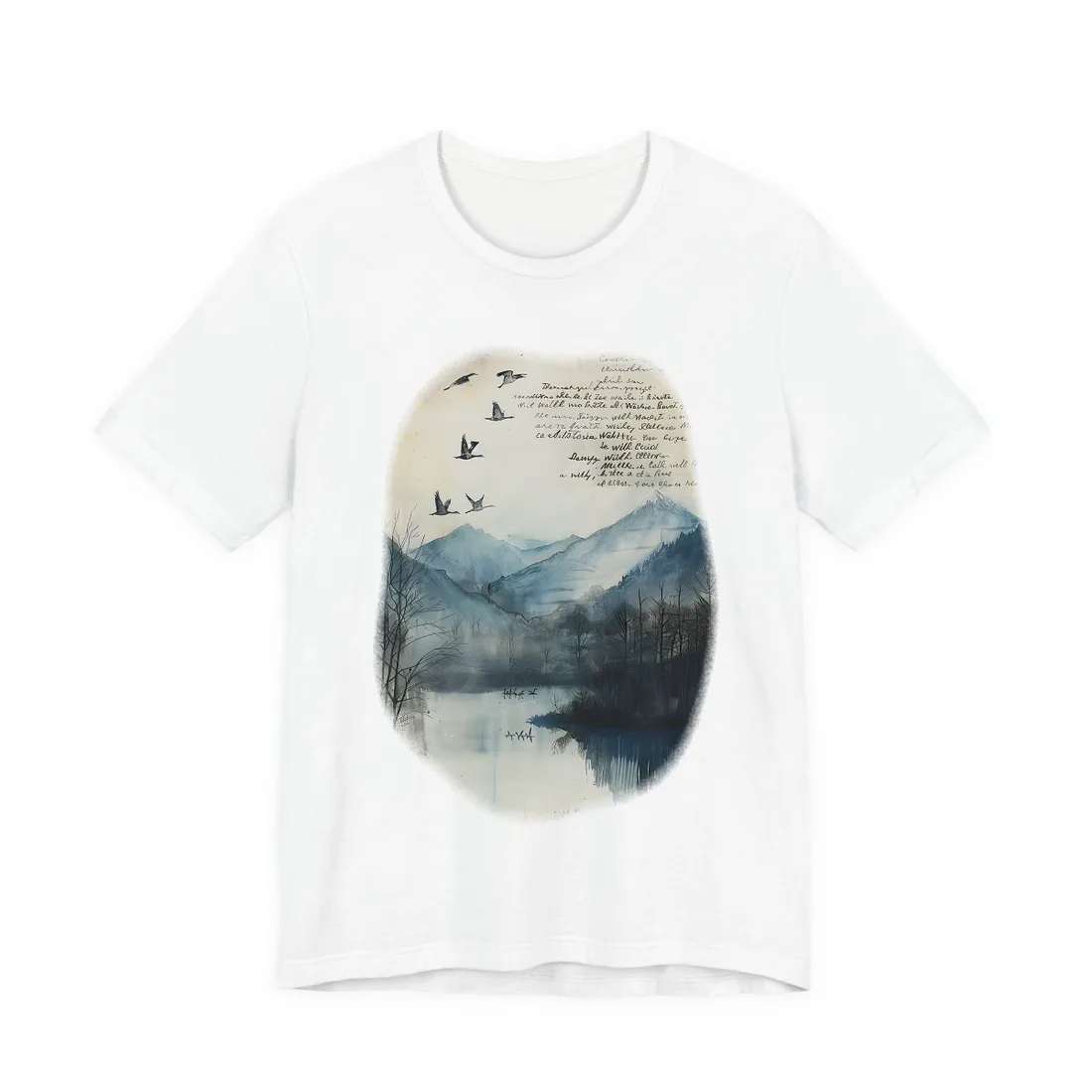 Nature's Serenity: Mountain Lake Birds in Flight - T-Shirt (White)