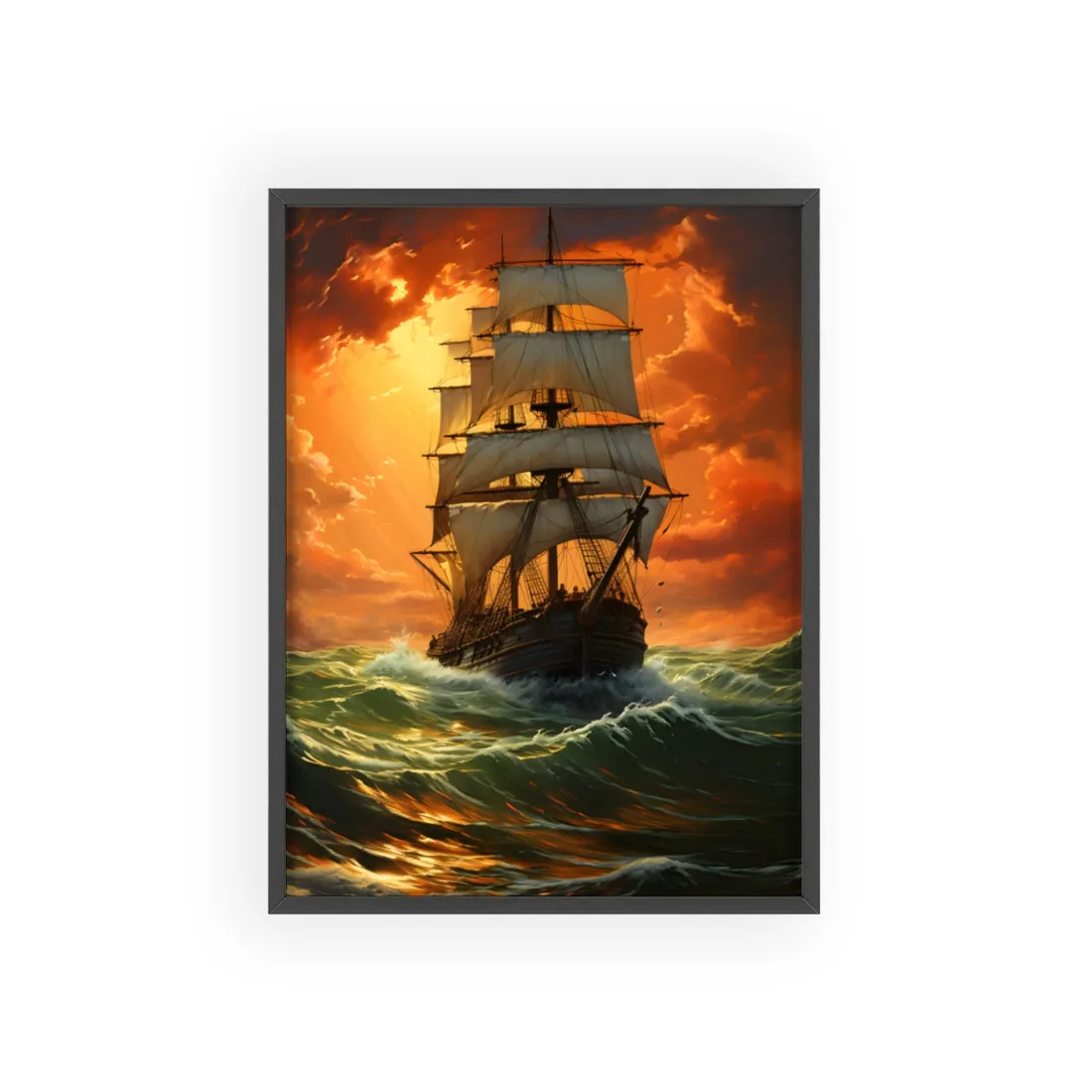 Nature's Serenity: Realistic Oil Painting of a Green Ship - Framed Poster