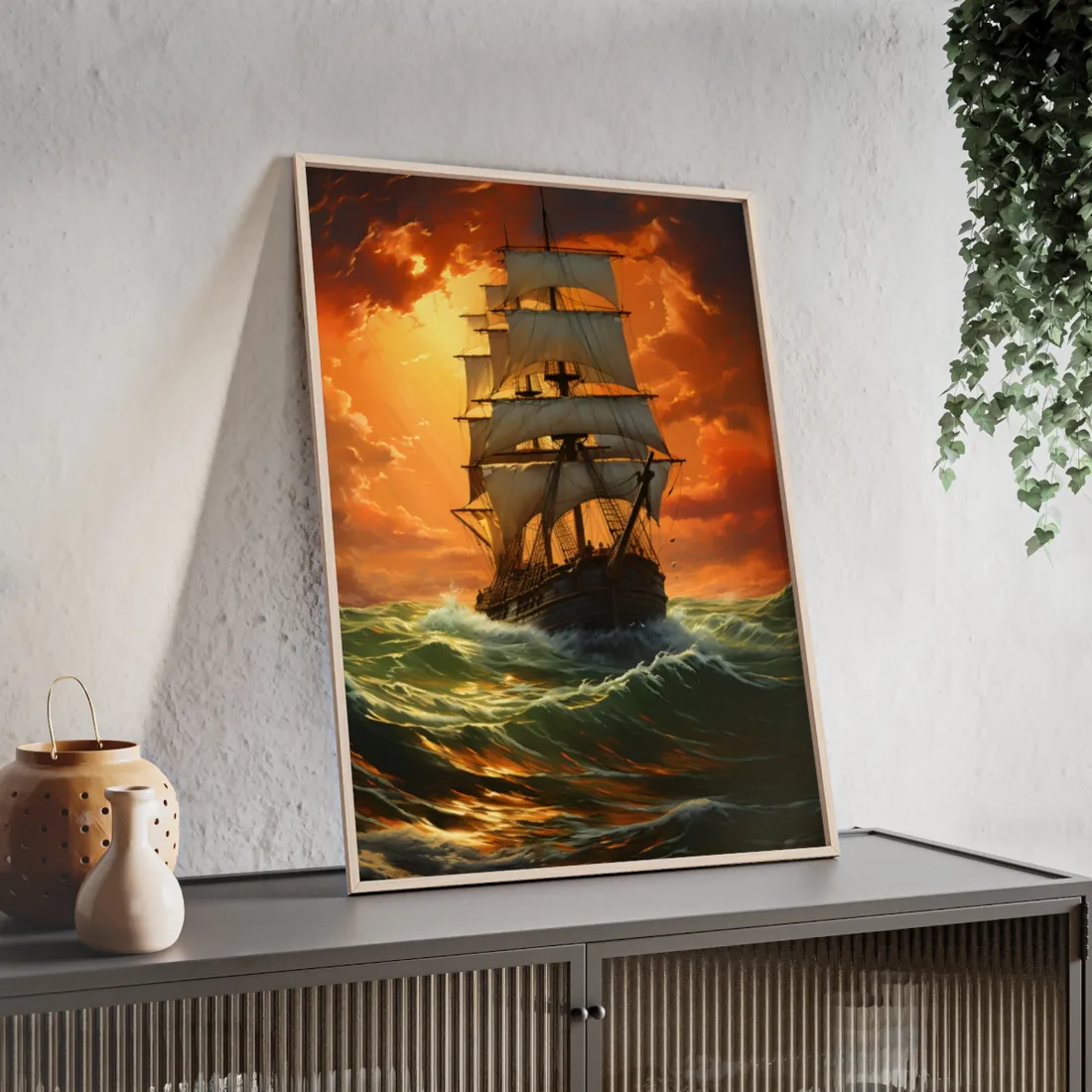 Nature's Serenity: Realistic Oil Painting of a Green Ship - Framed Poster