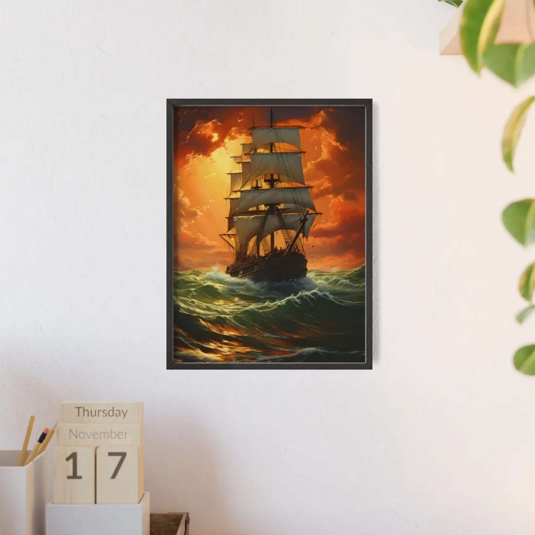 Nature's Serenity: Realistic Oil Painting of a Green Ship - Framed Poster
