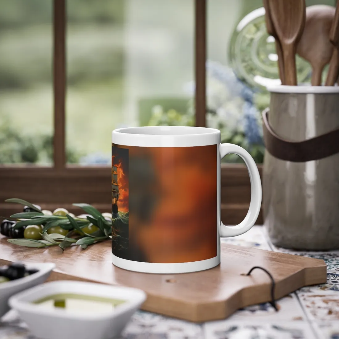 Nature's Serenity: Realistic Oil Painting of a Green Ship - Mug