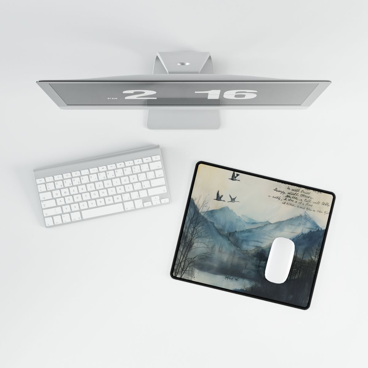 Nature's Serenity: Mountain Lake Birds in Flight Artwork - Desk Mat