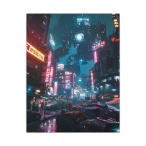 Cyberpunk Street with Giant Robot Canvas Print
