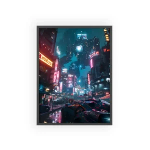 Cyberpunk Street with Giant Robot Framed Poster