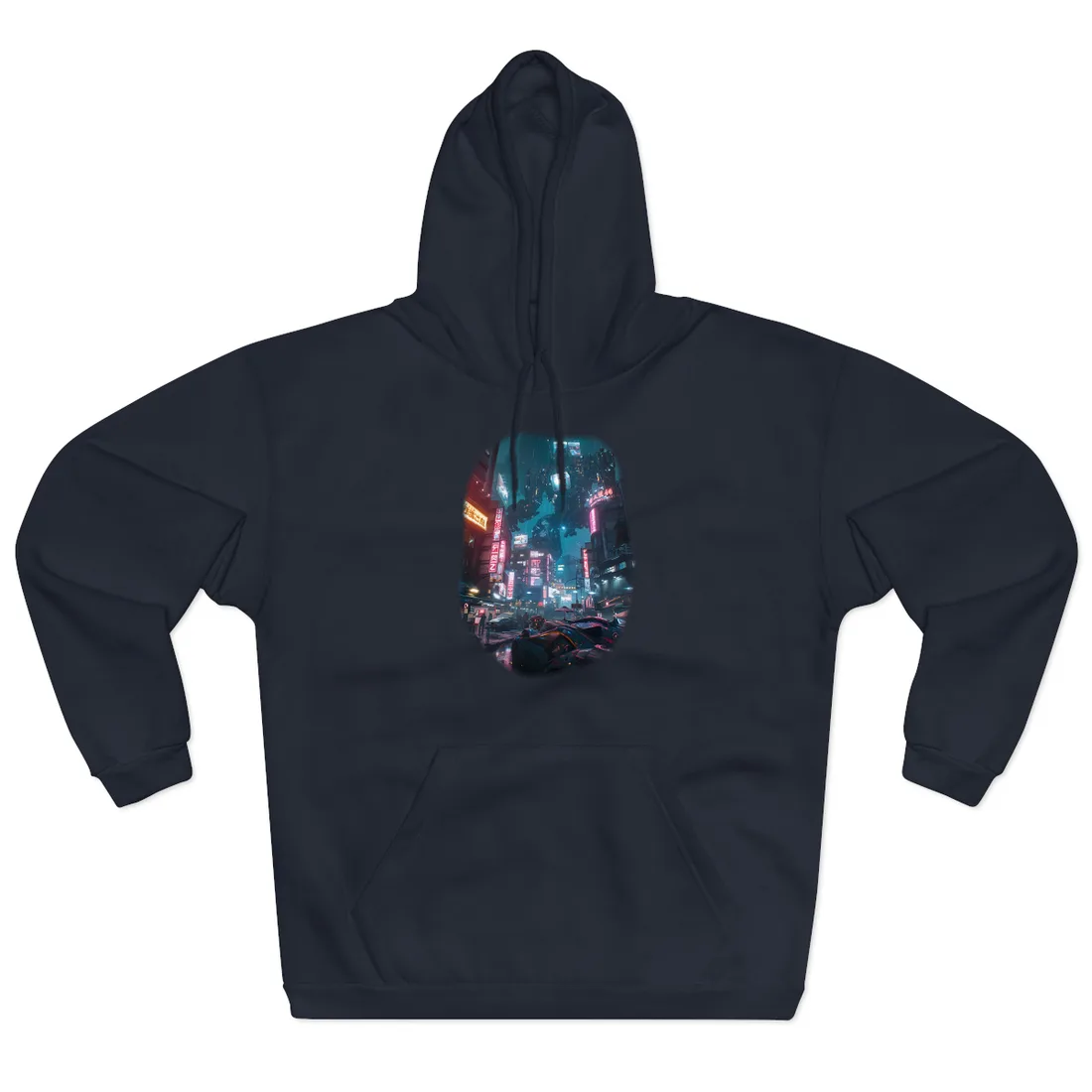 Neon City Dreams: Futuristic Urban Night - Hoodie (Navy)