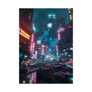Cyberpunk Street with Giant Robot Poster