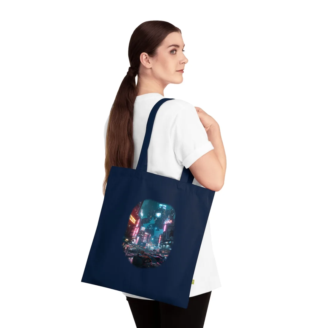 Neon City Dreams: Futuristic Urban Night - Tote Bag (French Navy)