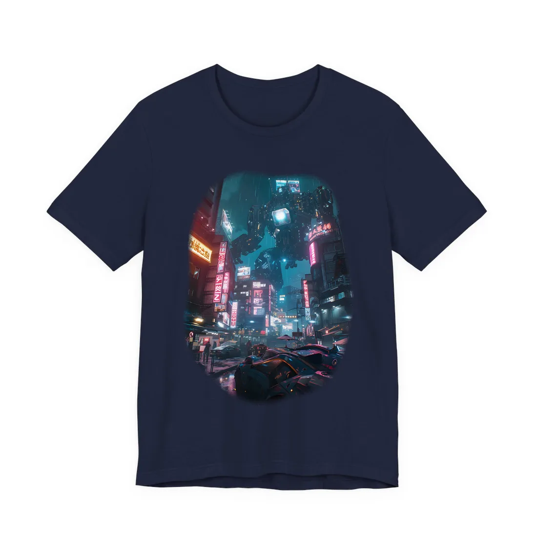 Neon City Dreams: Futuristic Urban Night - T-Shirt (Navy)