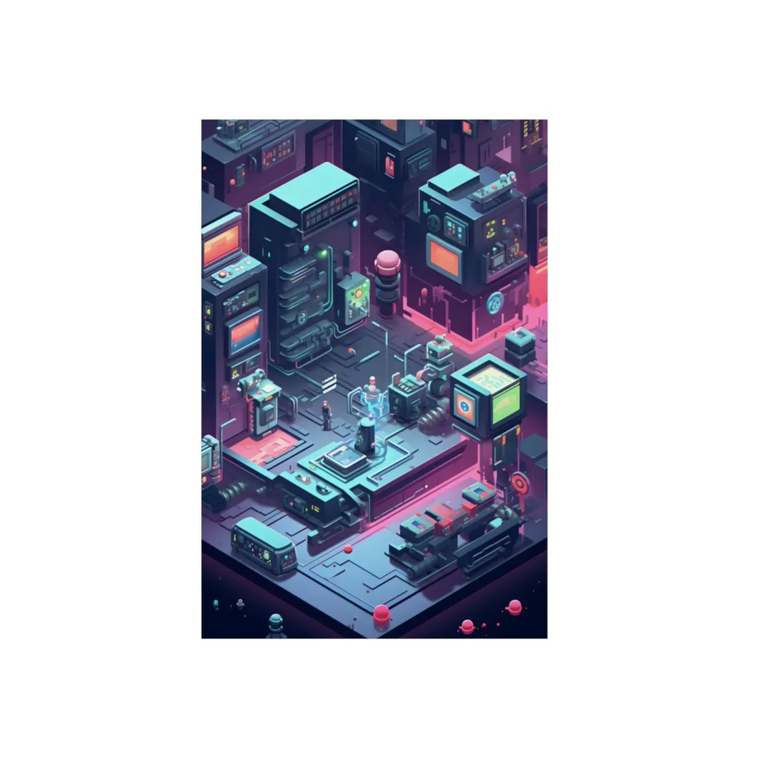 Neon Cyberpunk Chamber: Isometric Tech Room Art - Metal Poster