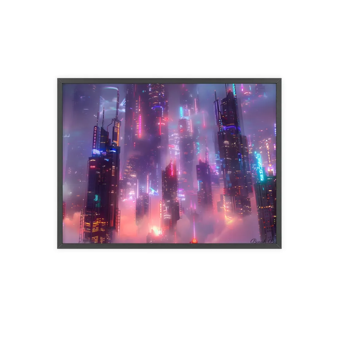 Neon Futuristic Cityscape: Graphic Modern Art - Framed Poster