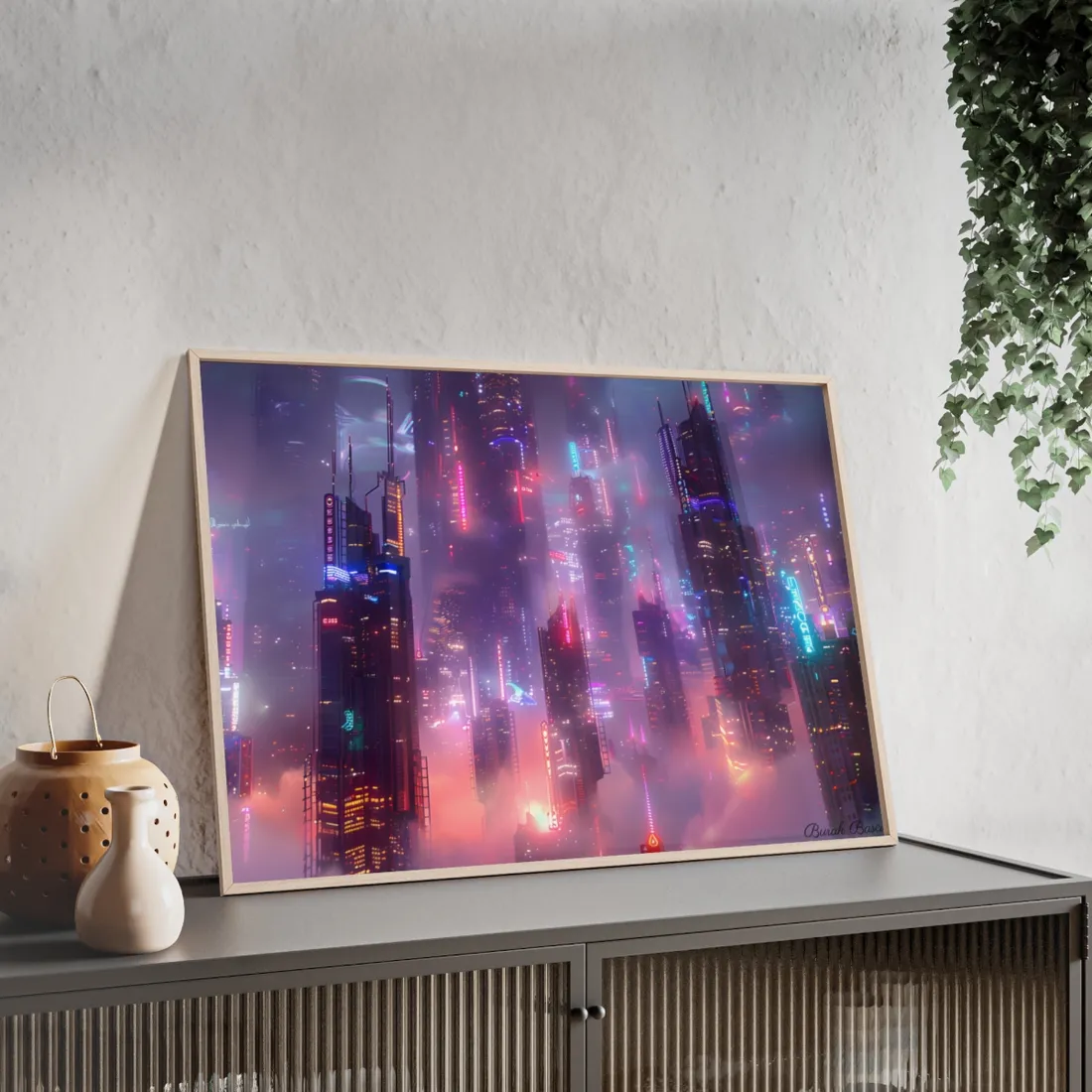 Neon Futuristic Cityscape: Graphic Modern Art - Framed Poster