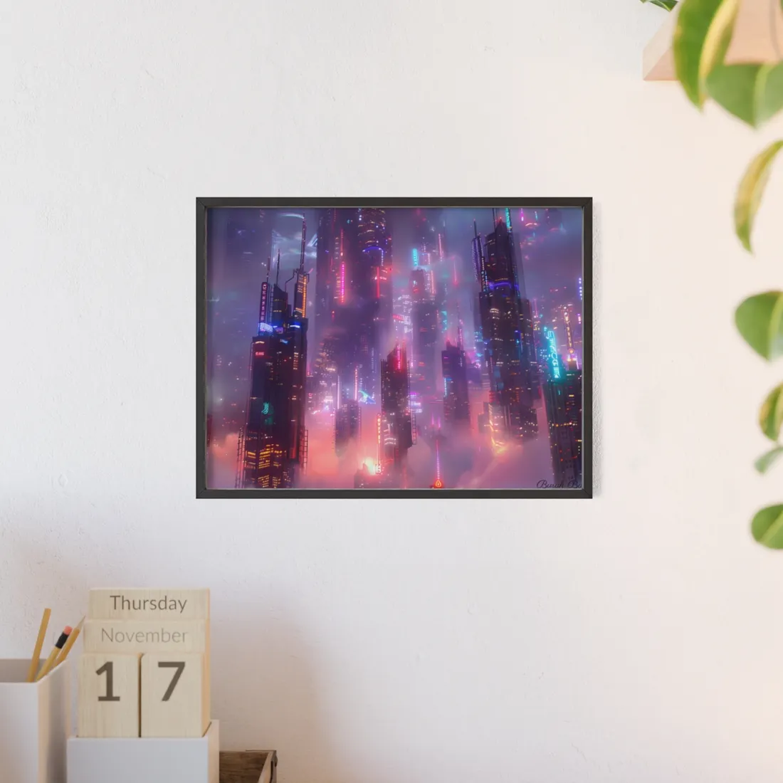 Neon Futuristic Cityscape: Graphic Modern Art - Framed Poster