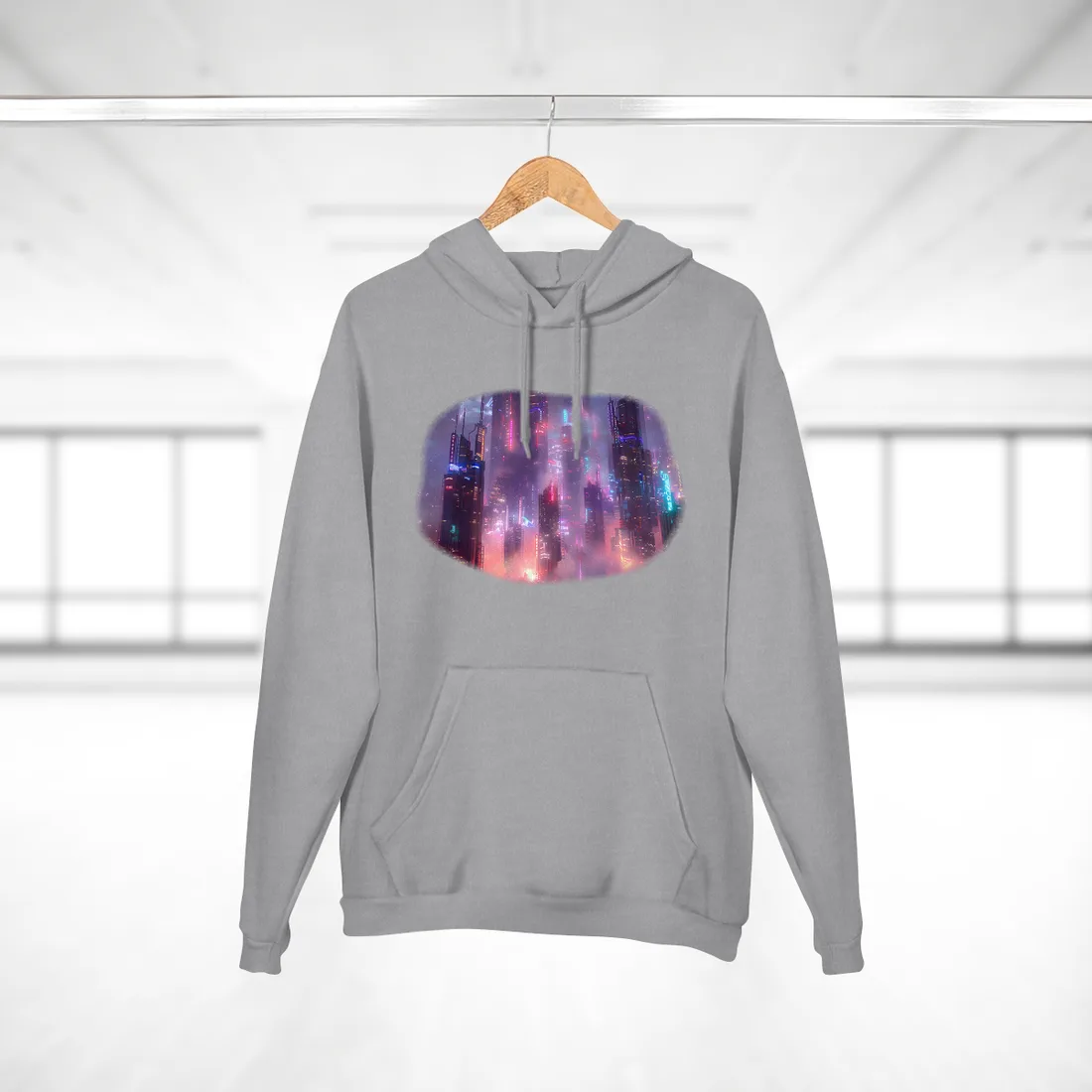 Neon Futuristic Cityscape: Graphic Modern Art - Hoodie (Heather Grey)