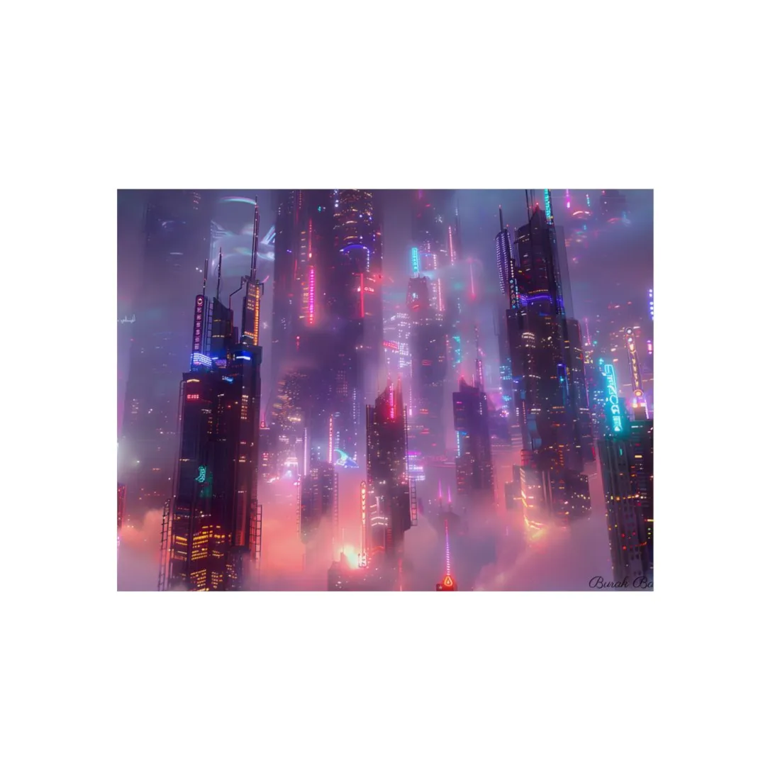 Neon Futuristic Cityscape: Graphic Modern Art - Metal Poster