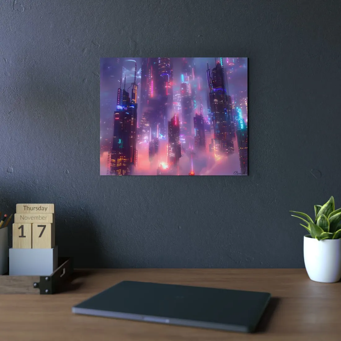 Neon Futuristic Cityscape: Graphic Modern Art - Metal Poster