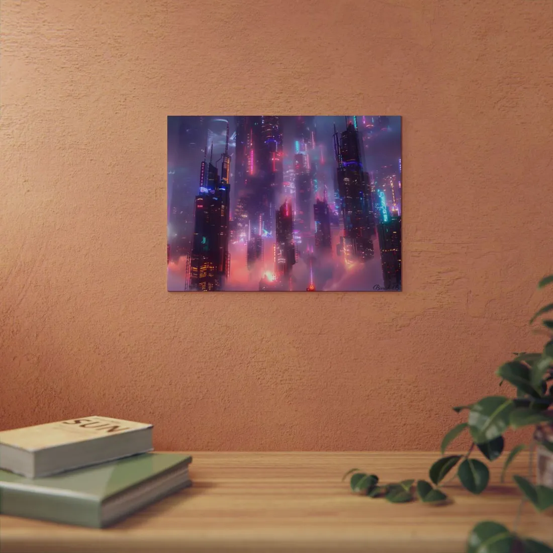 Neon Futuristic Cityscape: Graphic Modern Art - Metal Poster