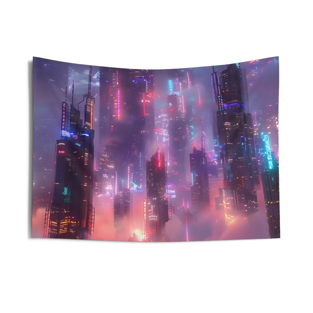Neon Futuristic Cityscape: Graphic Modern Art - Wall Tapestry