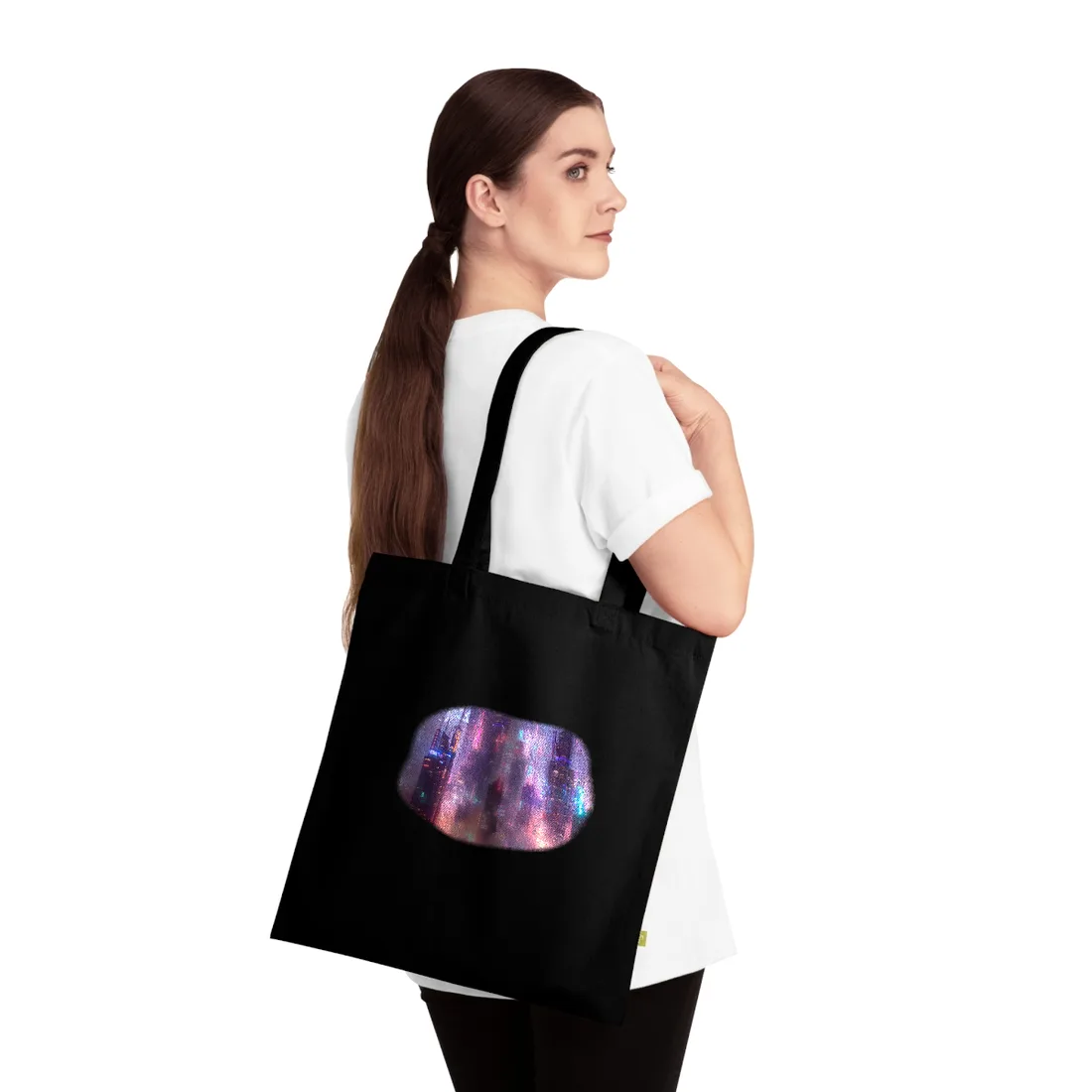 Neon Futuristic Cityscape: Graphic Modern Art - Tote Bag (Black)