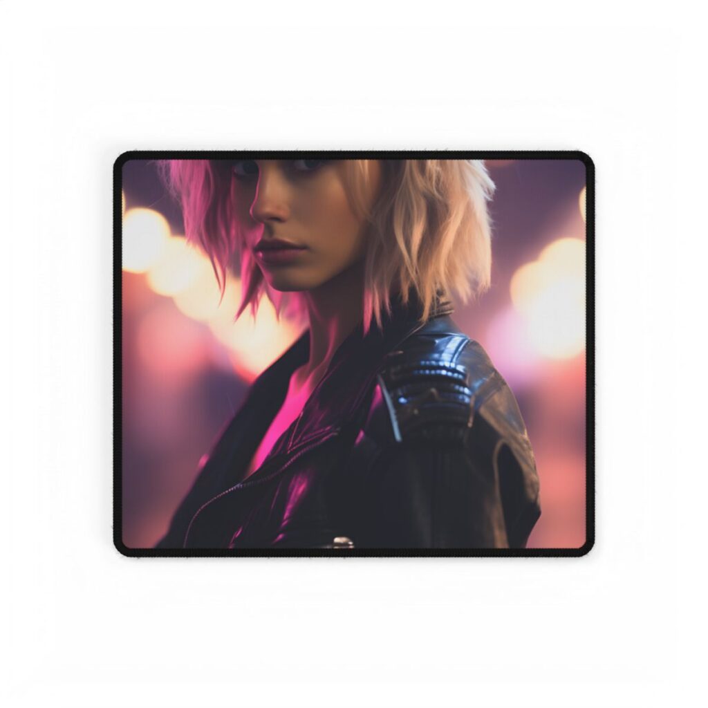 Neon-Lit Teenage Rebellion: A Cyberpunk Close-Up Digital Artwork - Desk Mat