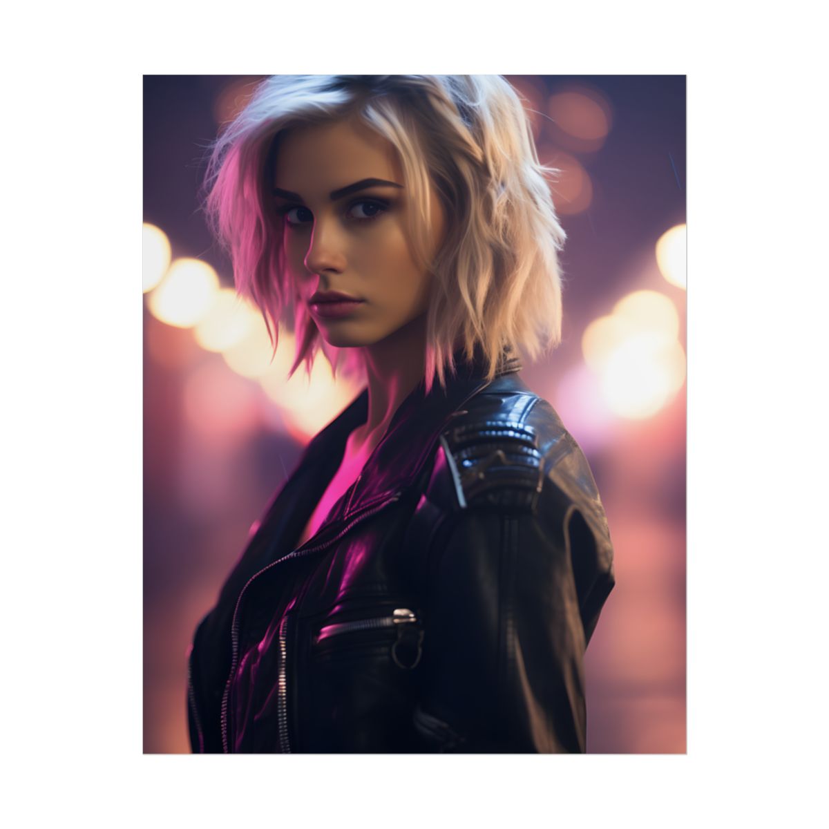 Neon-Lit Teenage Rebellion: A Cyberpunk Close-Up Digital Artwork - Poster
