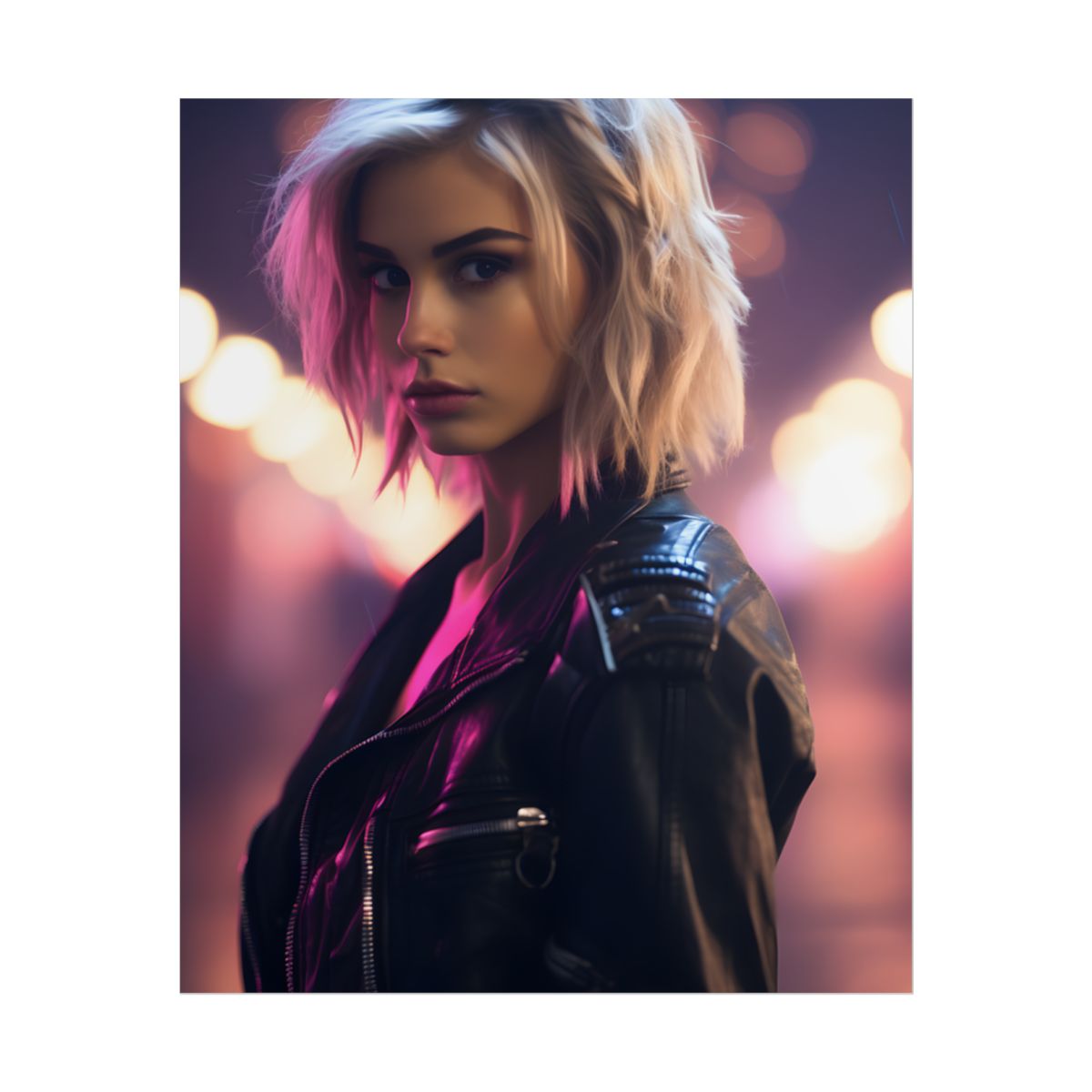 Neon-Lit Teenage Rebellion: A Cyberpunk Close-Up Digital Artwork - Poster