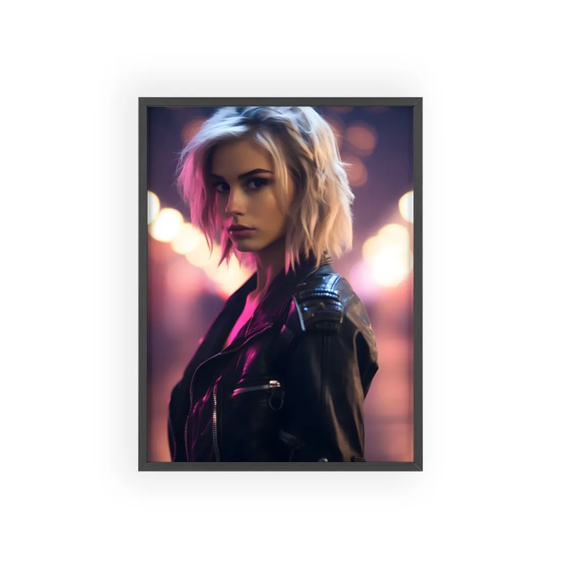 Neon-Lit Teenage Rebellion: A Cyberpunk Close-Up - Framed Poster