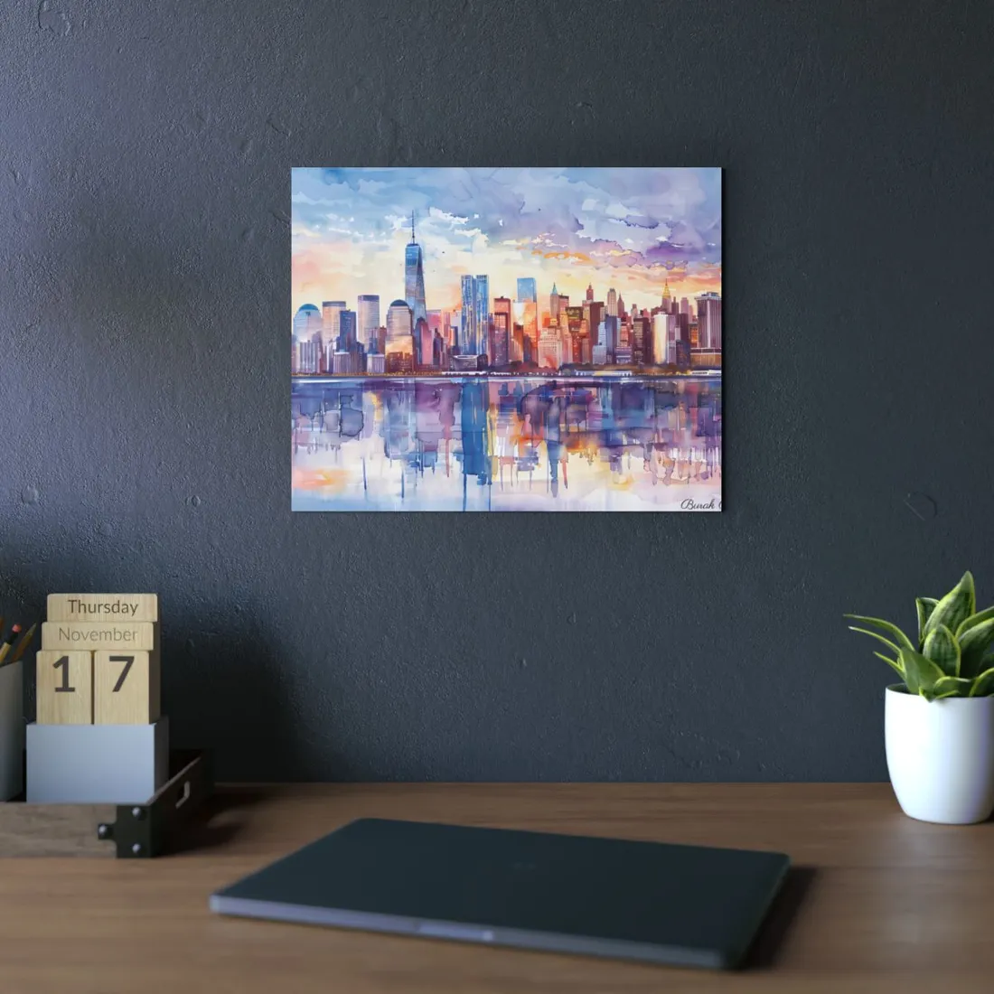 New York City Watercolor: Golden Hour Serenity - Metal Poster