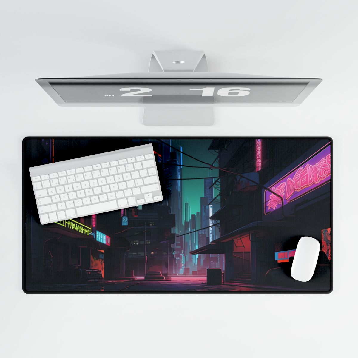 Nightfall in Neo-City: A Melancholic Cyberpunk Scene - Desk Mat
