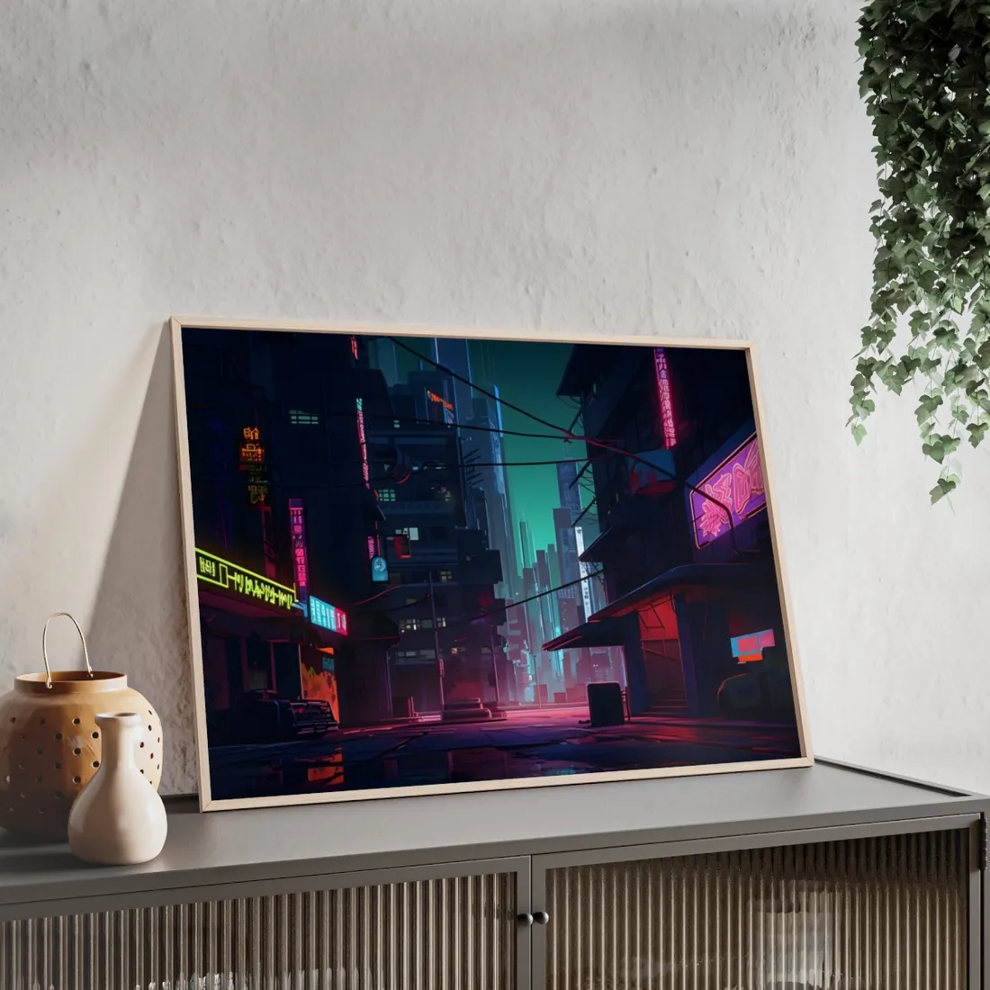 Nightfall in Neo-City: A Melancholic Cyberpunk Scene - Framed Poster