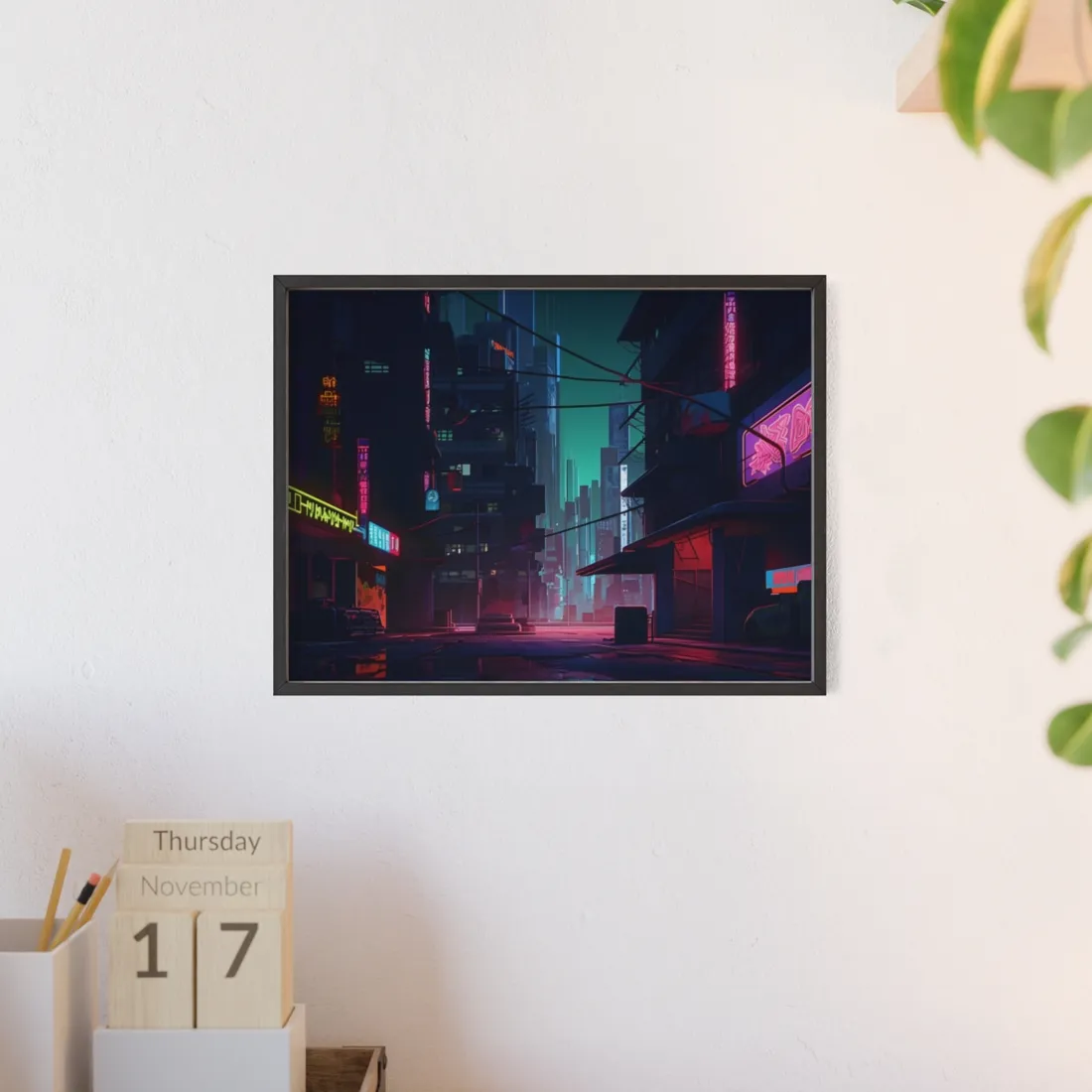 Nightfall in Neo-City: A Melancholic Cyberpunk Scene - Framed Poster